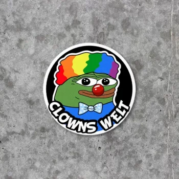 Runder Sticker Aufkleber von Pepe Meme als Clown verkleidet mit Clownsnase und regenbogenfarbigen Haaren, Schrift Clowns Welt