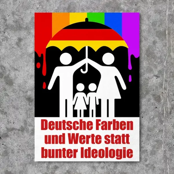 Sticker Aufkleber mit stilisierter Familie, die sich vor den LGBTQ-Regenbogenfarben mit einem Schirm schützt