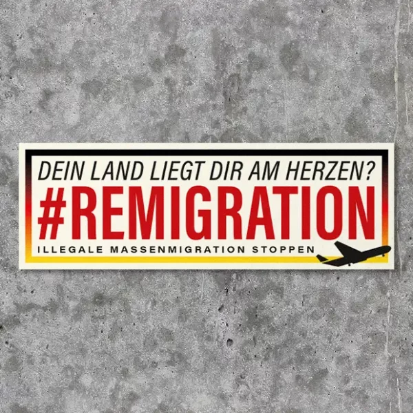 Sticker Aufkleber zum Thema Remigration, Text wir von Schwarz-Rot-Gold umrahmt und ein Flugzeug ziert die untere rechte Ecke