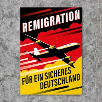 Sticker Aufkleber mit Schwarz-Rot-Goldenem Himmel über das ein Remigrations-Flugzeug fliegt, Kondenstreifen sind sichtbar