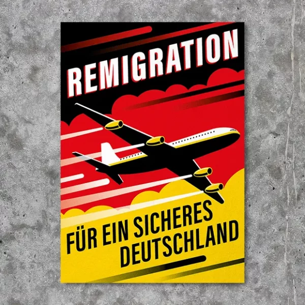 Sticker Aufkleber mit Schwarz-Rot-Goldenem Himmel über das ein Remigrations-Flugzeug fliegt, Kondenstreifen sind sichtbar