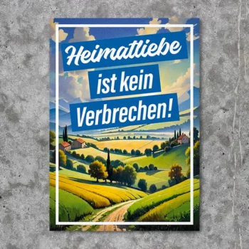 Sticker Aufkleber mit schöner deutscher Landschaft (Hügel, Berge, Felder, Dörfer, blauer Himmel) und Aufschrift Weiß auf Blau