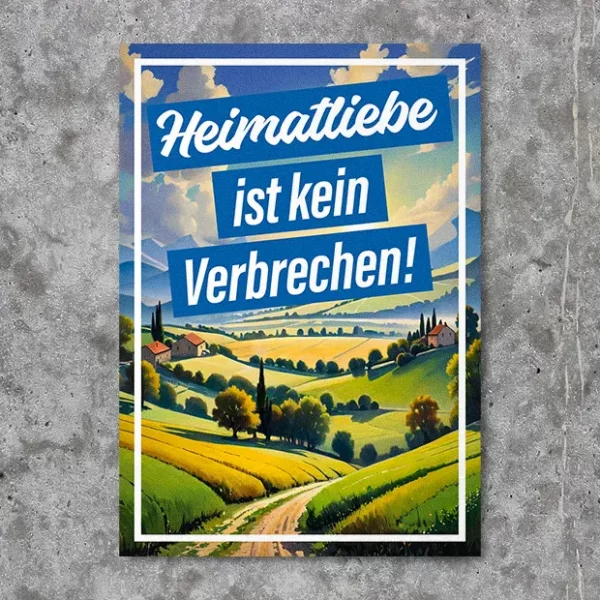 Sticker Aufkleber mit schöner deutscher Landschaft (Hügel, Berge, Felder, Dörfer, blauer Himmel) und Aufschrift Weiß auf Blau