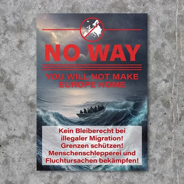 Sticker Aufkleber mit stürmischem Meer mit kleinem Flüchtlingsboot und roter Schrift, angelehnt an Plakat der No Way Kampagne