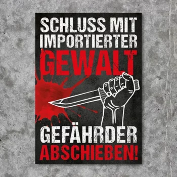 Sticker Aufkleber, eine Hand hält ein Messer fest im Griff, Blutspritzer auf schwarzem Hintergrund, weiße und rote Schrift